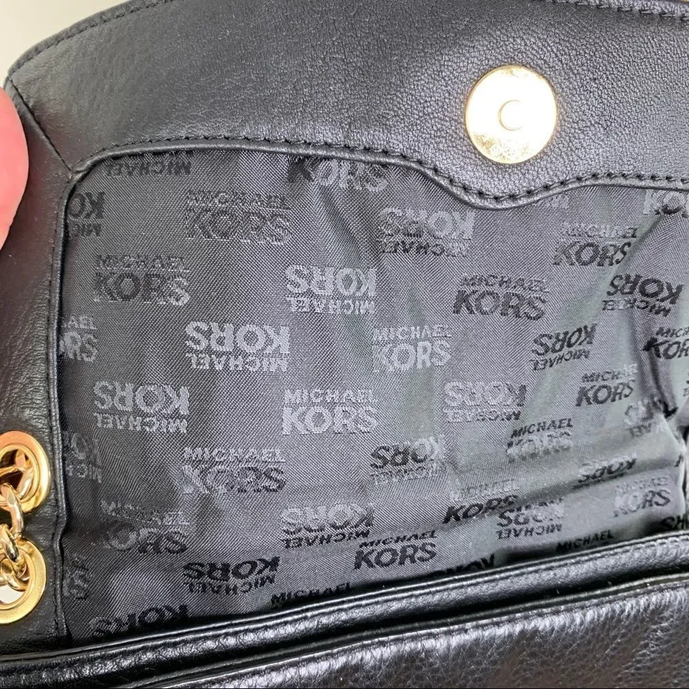 MICHAEL KORS Jet Set Black Leather/Double Gold‎ Chain Small Shoulder Bag